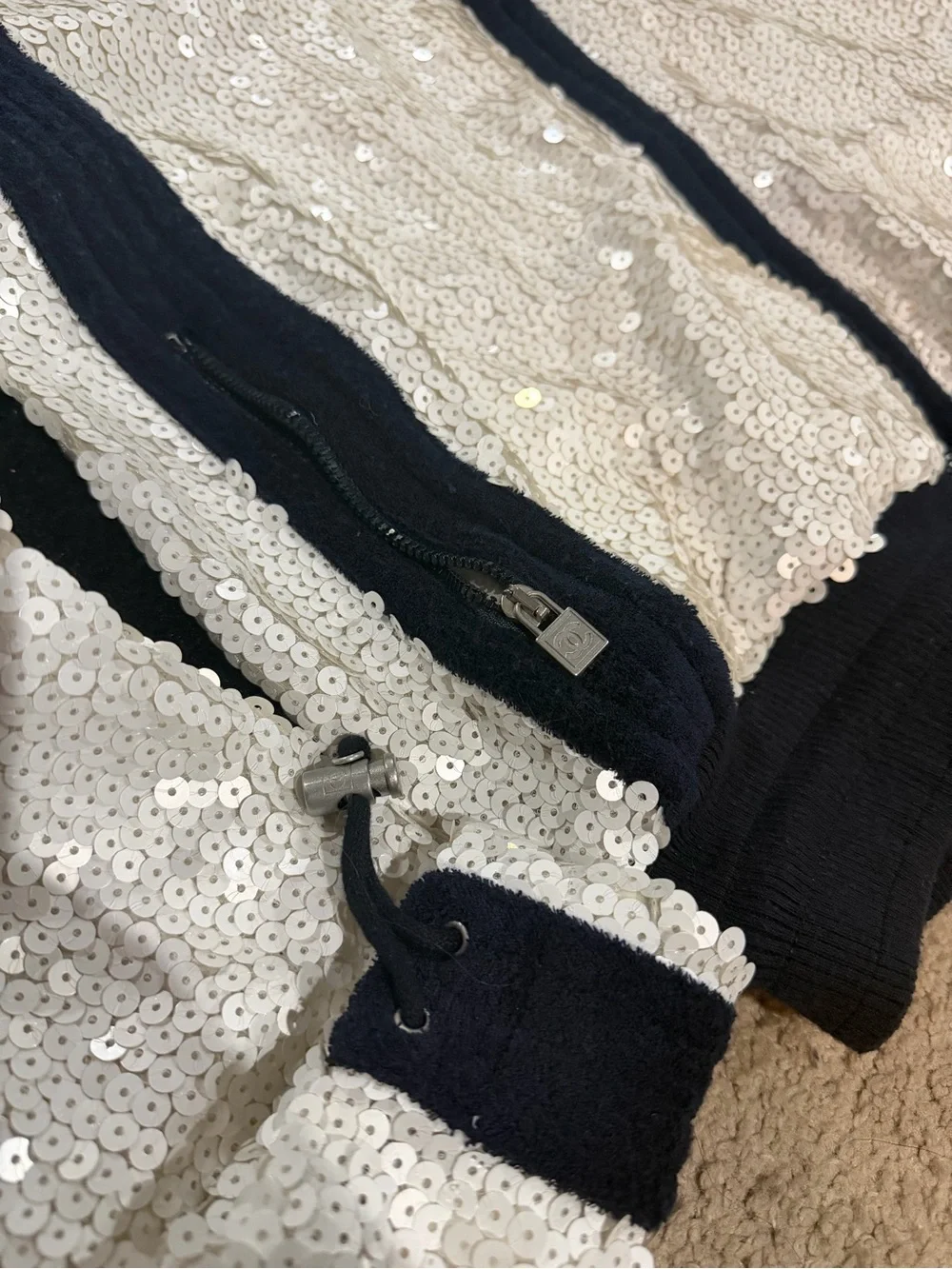 CHANEL 08C Sports White Sequin Track Jacket Black Trim Size FR 42 Vintage